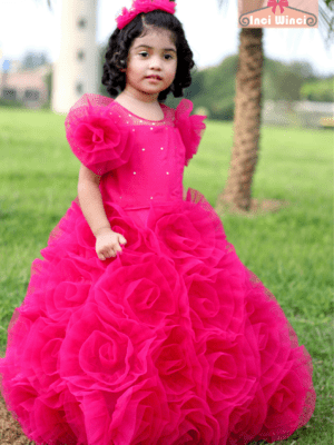 Pink Flower Tulle Dress, Floral Garden Fairy Costume, Hot Pink Princess Ball Gown, for baby girls, toddlers, tweens, birthday, prom, wedding