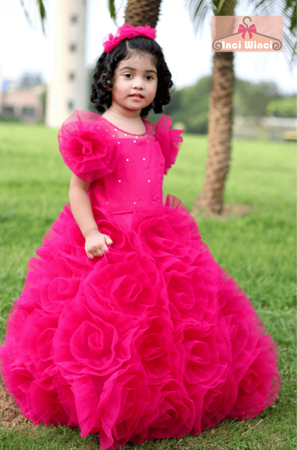 Pink Flower Tulle Dress, Floral Garden Fairy Costume, Hot Pink Princess Ball Gown, for baby girls, toddlers, tweens, birthday, prom, wedding