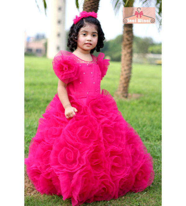 Pink Flower Tulle Dress, Floral Garden Fairy Costume, Hot Pink Princess Ball Gown, for baby girls, toddlers, tweens, birthday, prom, wedding