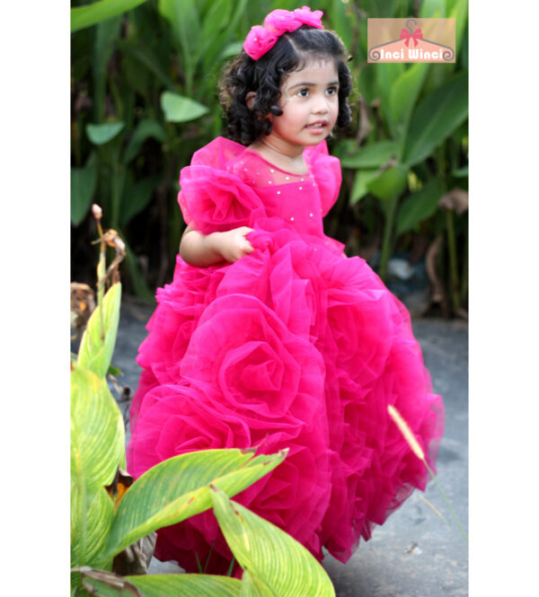 Pink Flower Tulle Dress, Floral Garden Fairy Costume, Hot Pink Princess Ball Gown, for baby girls, toddlers, tweens, birthday, prom, wedding