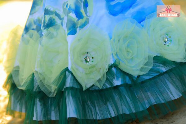 Flower Fairy Dress - Blue & Green Hand Painted Long Sleeve Floral Tulle Dress, Garden Fairy tale Costume, for birthday, prom, wedding etc.