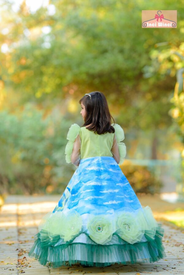 Flower Fairy Dress - Blue & Green Hand Painted Long Sleeve Floral Tulle Dress, Garden Fairy tale Costume, for birthday, prom, wedding etc.