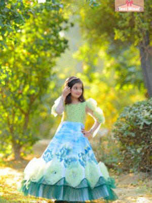 Flower Fairy Dress - Blue & Green Hand Painted Long Sleeve Floral Tulle Dress, Garden Fairy tale Costume, for birthday, prom, wedding etc. 3