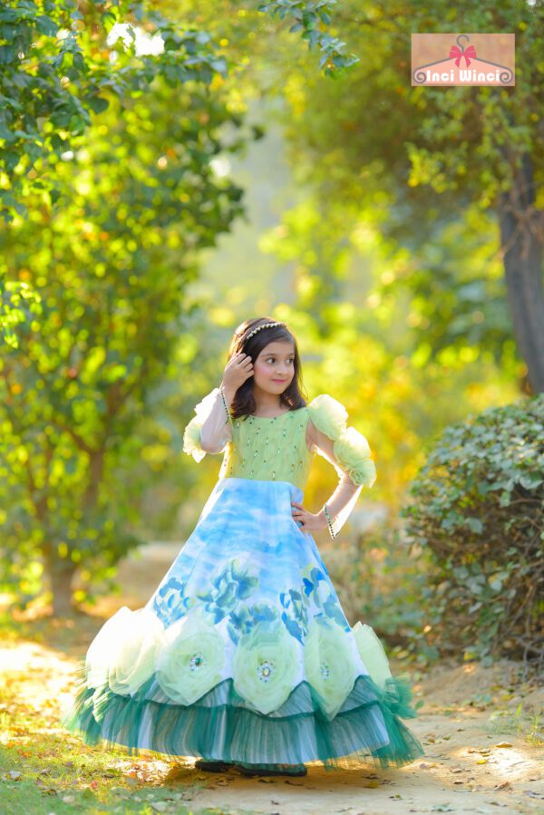 Flower Fairy Dress - Blue & Green Hand Painted Long Sleeve Floral Tulle Dress, Garden Fairy tale Costume, for birthday, prom, wedding etc. 3