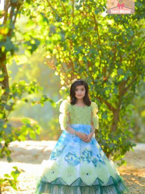 Flower Fairy Dress - Blue & Green Hand Painted Long Sleeve Floral Tulle Dress, Garden Fairy tale Costume, for birthday, prom, wedding etc.