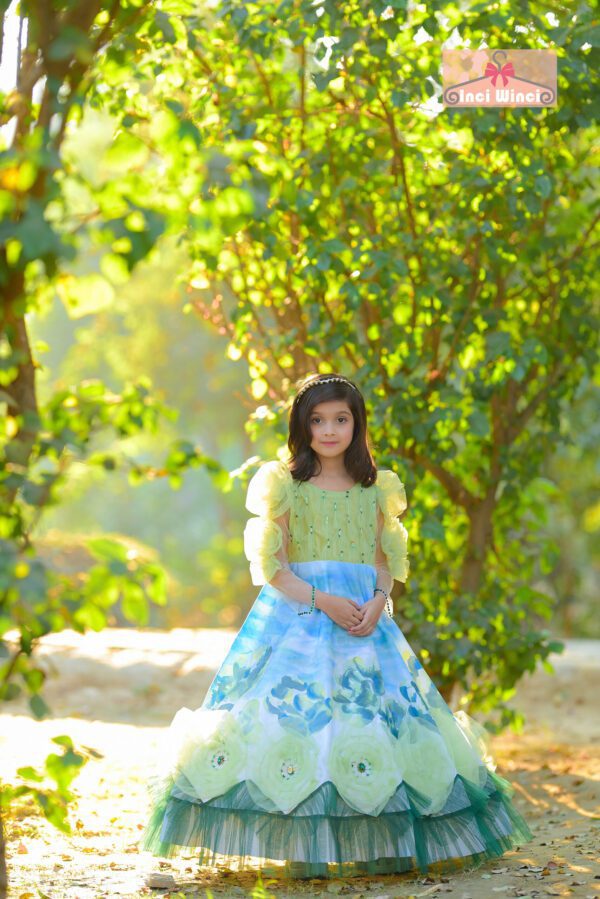 Flower Fairy Dress - Blue & Green Hand Painted Long Sleeve Floral Tulle Dress, Garden Fairy tale Costume, for birthday, prom, wedding etc.