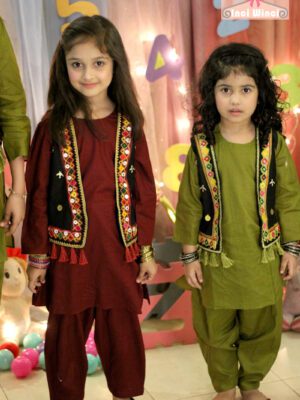 Baby girl Pakistani Summer Cotton Three Piece Mehendi Green and Maroon Dress with Black Koti Beautiful New Design Casual Eid Special Latest New Style Fancy Dress Birthday Party Punjabi Formal Dress