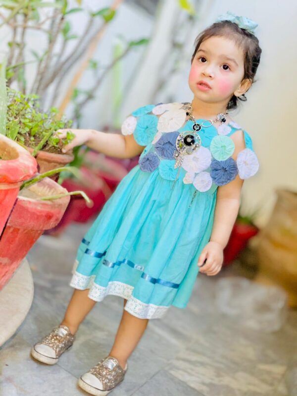 Baby girl Cotton Summer Sky Blue Frock with Floral Koti Pakistani Dress Latest New Design Beautiful Eid Special Casual Birthday Party Fancy Formal Dress