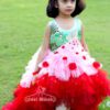 New Style Pink Red Baby Girl Teenage Kids Fancy Maxi Printed Long High Low Tail Frill Ferry Net Frock Design for Birthday Eid Western Part Wear