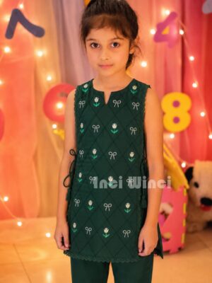 14 August Baby Girl Cotton Dress Green Shirt Trouser Flower Tie Design
