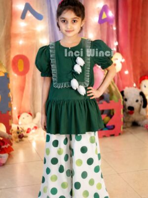 14 August Baby Girl Cotton Dress Green White Flower Frock Polka Dots Bell Bottom Trouser