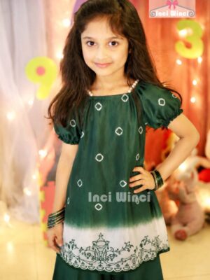 14 August Baby Girl Cotton Dress Green White Tie and Die Hand Painted Frock with Trouser